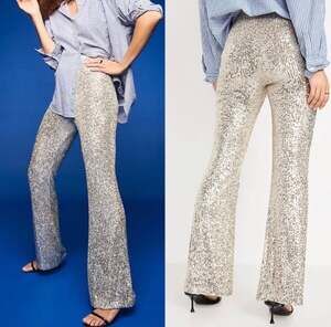 Old Navy High Rise Silver Sequin Flare Pants Sparkle Large Holiday New Years